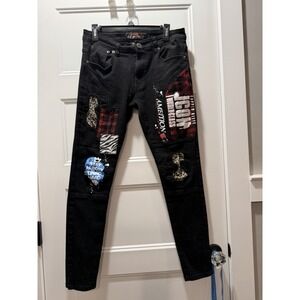 Copper Rivet ICON Black Patchwork Jeans Leopard Plaid Streetwear 32x32
